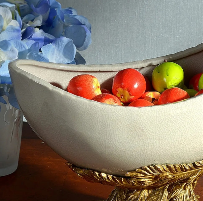 Luxury Ceramic Inlaid Copper Decorative Fruit Plate, Snacks Nuts Tray Display Stand for Home Living Room Decoration Artwork Ornament Gift