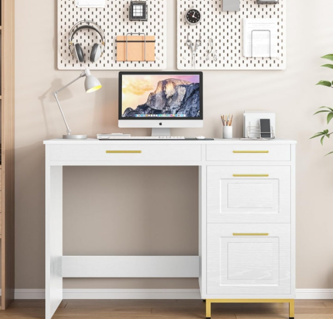 Desk with Drawers, 43” Home Office Desk with Storage, Golden Handle for Bedroom, Black and Gold Desk Study Writing Desk for Small Space