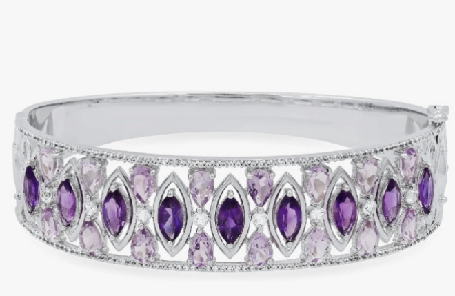 925 Marquise & Pear Amethyst with Round White Sapphire Ladies Gorgeous Bangle Bracelet, 925 Sterling Silver