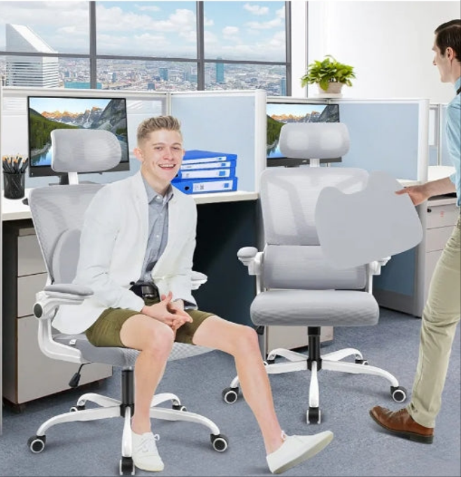 Office Chair with Lumbar Support Pillow, Ergonomic Chair with Headrest & Flip-up Arms, Mesh Office Chair Rocking Function, High Back Home Office Desk Chairs