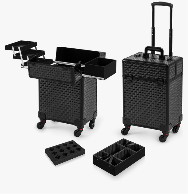 Rolling Makeup Train Case, Large Storage Cosmetic Trolley 4 Tray with 360° Swivel Wheels Keys, Large Storage Traveling Cart Trunk, Cosmetic Train Cases for Nail Technicians Hairstylist,