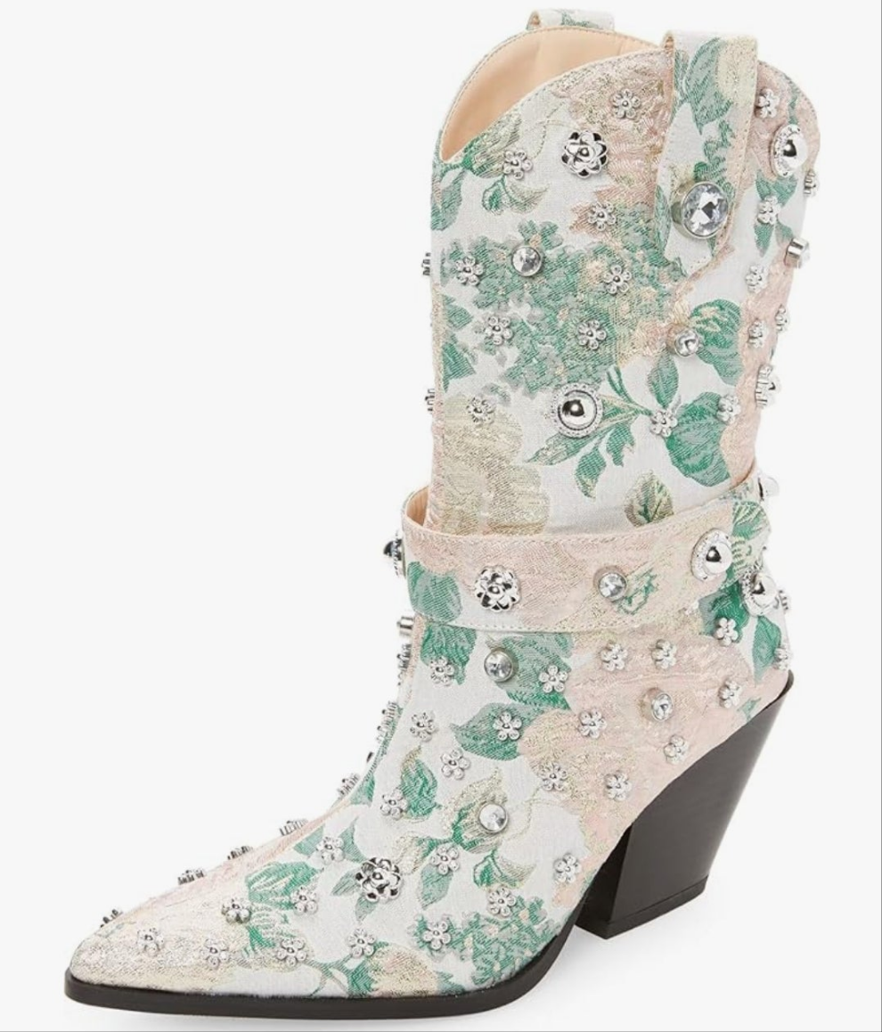 Western Cowgirl Boots For Women Flower Embroidered Rhinestone Mid Calf Pointed Toe Chunky Heel Cowgirl Boots