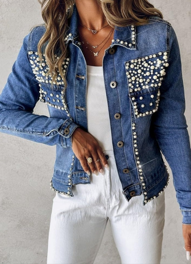 Pearls Denim Jacket Cropped Rhinestones Jean Blazer Coat