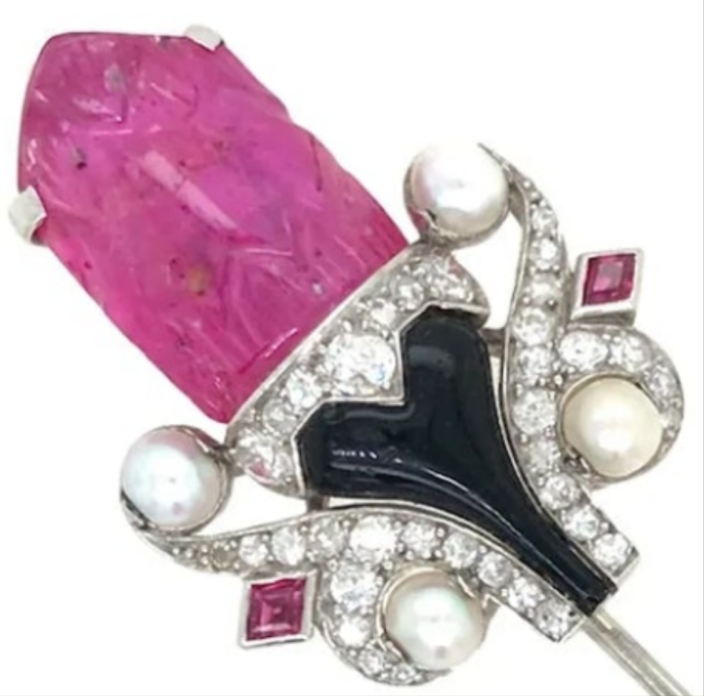 Cartier, Platinum 18K Gold Ruby Pearl Enamel Diamond Jabot Brooch, IAJA, GIA Diamonds: Approximately 0.32 ct Burma No-heat carved Ruby: