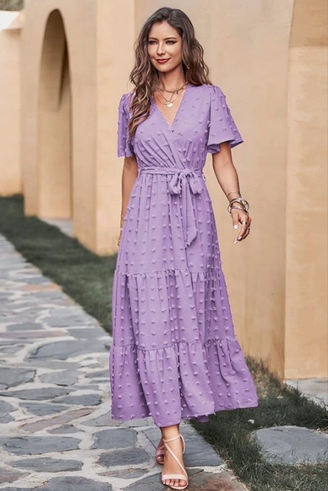 Womens Boho Swiss Dot Maxi Dresses Wrap V Neck Flutter Short Sleeve Solid Tie Belt A Line Tiered Flowy Long Dresses