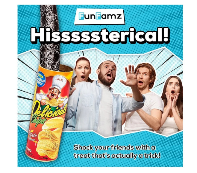 The FunFamz Original Snake in a Potato Chip Can Prank-Funny Classic Snake in a Can Prank for Kids, Snake in a Can Trick Gag Gift Toy & Scary Shock Snake Trick, Spring Snakes Prank, Red Potato Chip Can