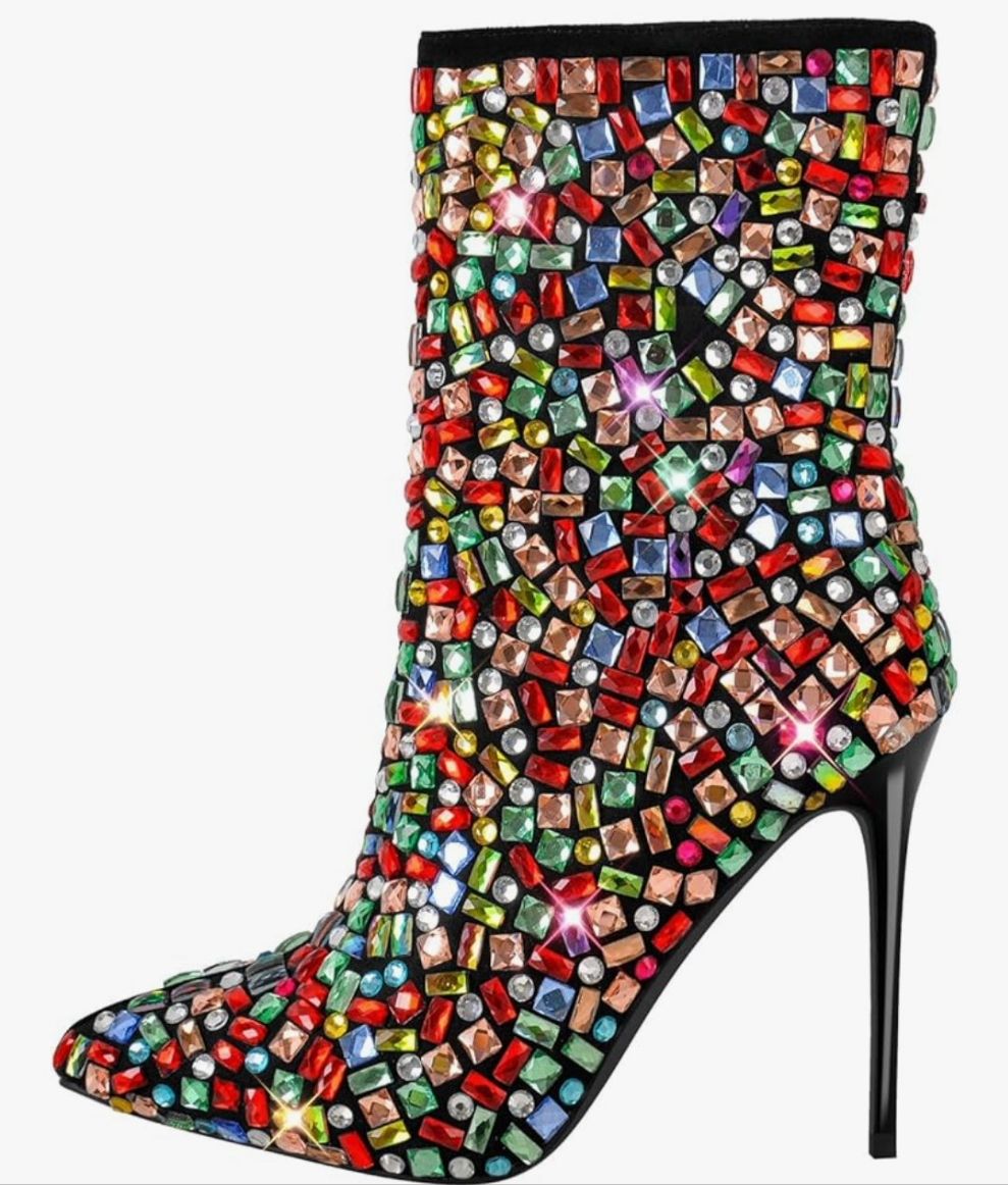 Rhinestones Studded Sparkly Slim High Heels Side Zipper Ankle Boots