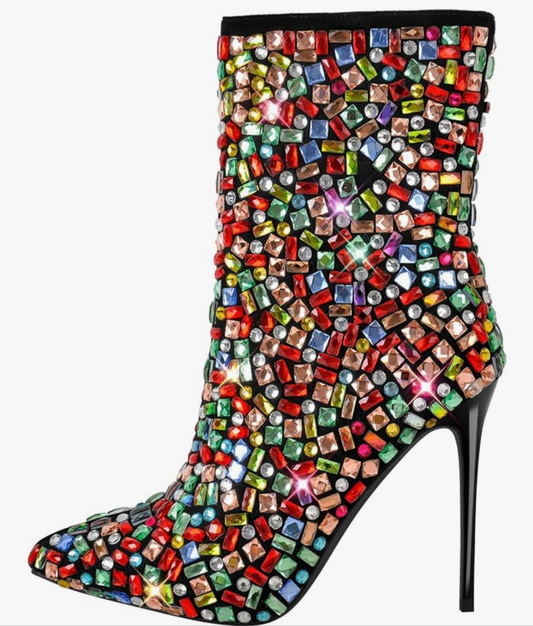 Rhinestones Studded Sparkly Slim High Heels Side Zipper Ankle Boots