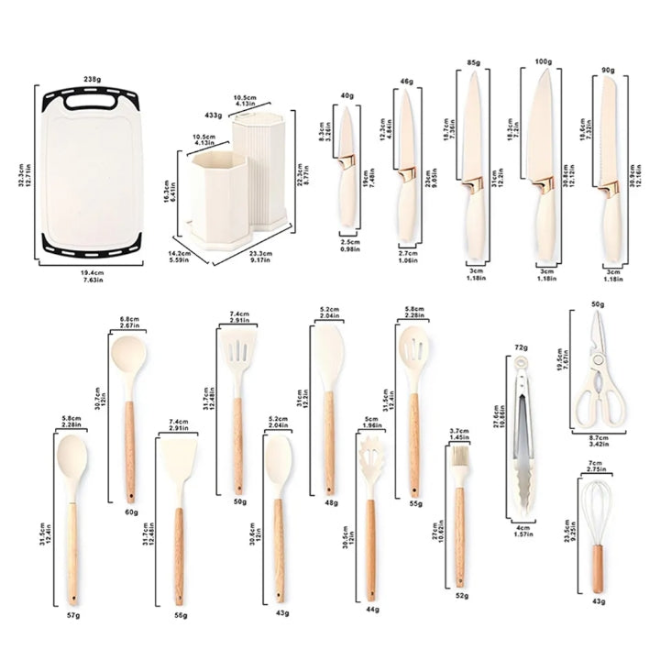 Nice 19 Piece Kitchenware Utensils and Knife Set Includes: 9 Piece Silicone Cooking Utensils- 5 Piece Sharp Stainless Steel Chef Knives- Scissors- Whisk Tongs and Cutting Board,