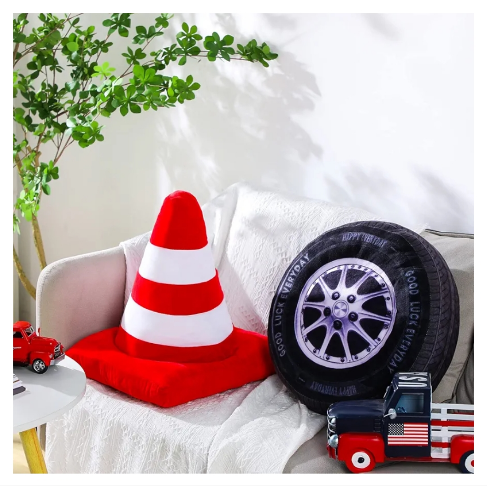 2 Pcs Racing Pillow Room Decorations Set 15.7 Inch Big Creative 3D Simulation Wheel Pillow Funny Cone Traffic Light and Stop Sign Soft Race Car Tire Plush for Kid Room pp