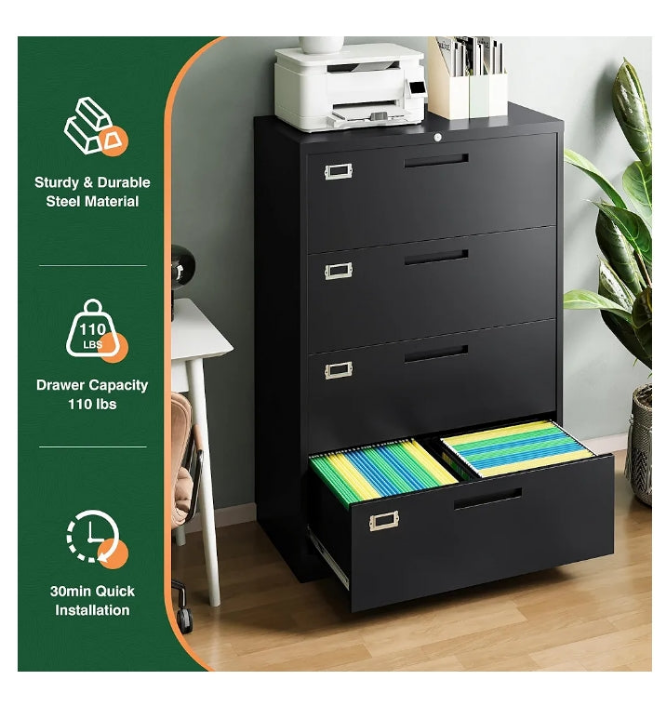 4 Drawer File Cabinet with Lock, Metal Lateral Filing Cabinet Wide Office Organization Storage for Home Office Hanging Letter/Legal/F4/A4 (White-Requires Installation