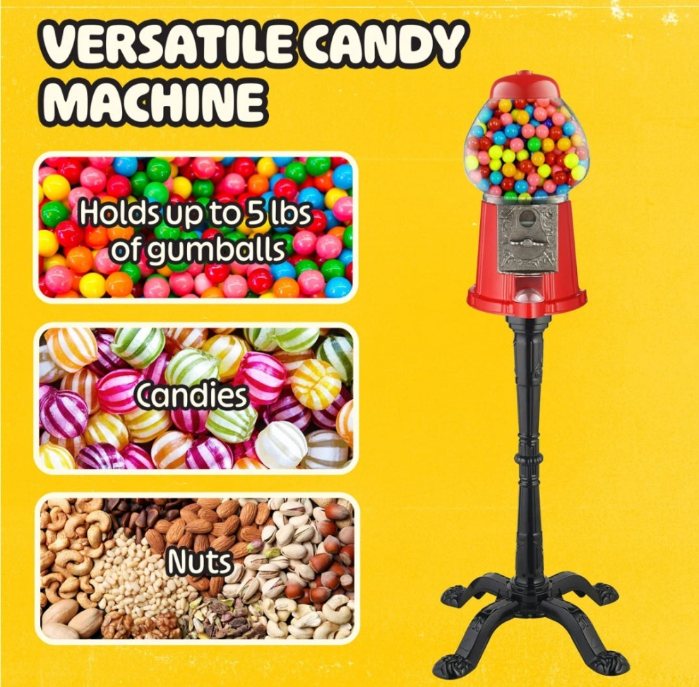 Bubble Gum Machine with Stand - Vintage Style Gum Ball Machine - Style Candy Dispenser Vending Machine with Glass Globe and Metal Base, Red Pink or Blue