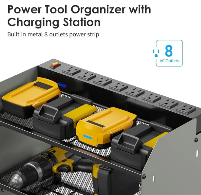 CCCEI Modular Power Tool Organizer Wall Mount with Charging Station. Garage 4 Drill Storage Shelf with Hooks, Drill Bit Heavy Duty Rack, Grey Tool Battery Holder Built in 8 Outlet Power Strip.