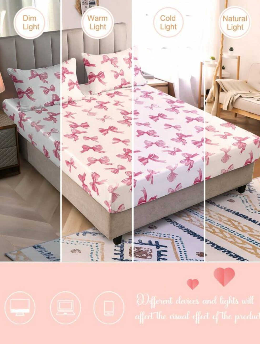 3pcs Watercolor Pink Bow Girly Cute Digital Print Bedding Set (1 Bedsheet + 2 Pillowcases, No Comforter), Daily Use Polyester Fiber Soft & Skin-Friendly, Suitable For Master/Guest/Kids Bedroom, All Seasons