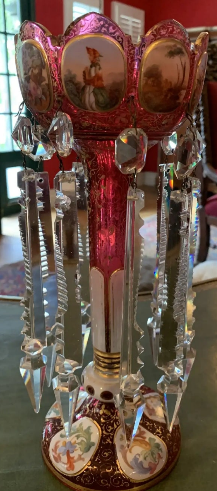Pair of antique Moser Bohemian cranberry overlay hand painted lusters, circa 1900s cranberry glass
