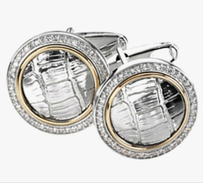 2-Tone Diamond Halo Cuff Links with Croc Pattern, Sterling Silver, 14k Yellow Gold (.50 Ctw, GH Color, Clarity I1)