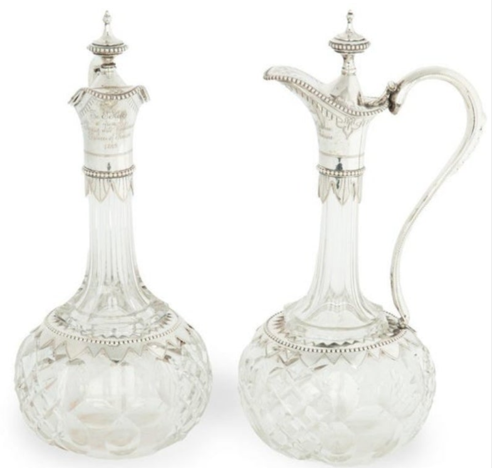 Fabulous A pair of silver-mounted crystal Royal presentation claret jugs