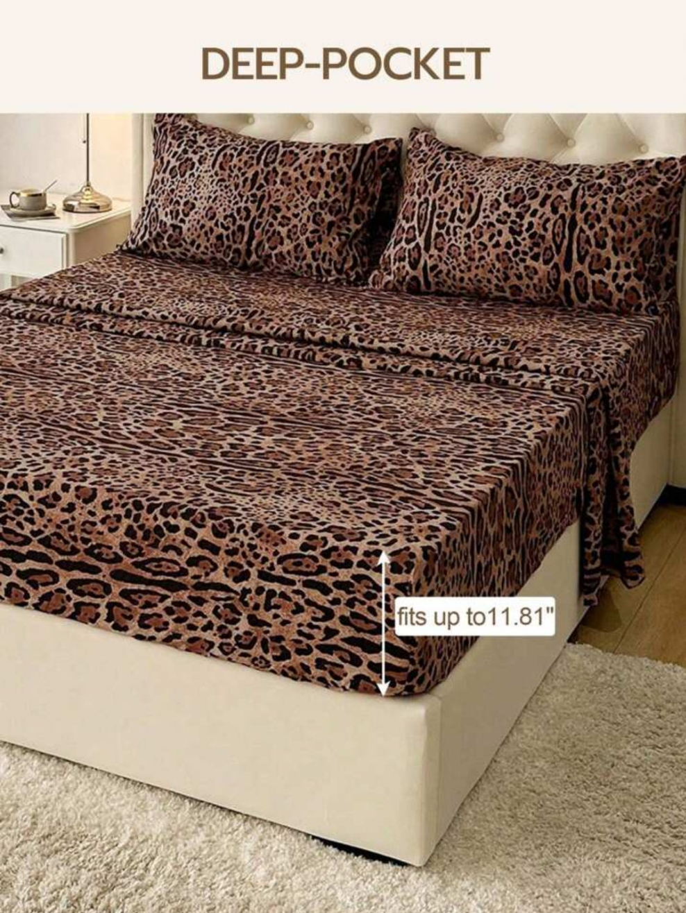 4pcs Polyester Leopard Print Bedding Set (2 Pillowcases+1 Flat Sheet+1 Fitted Sheet)