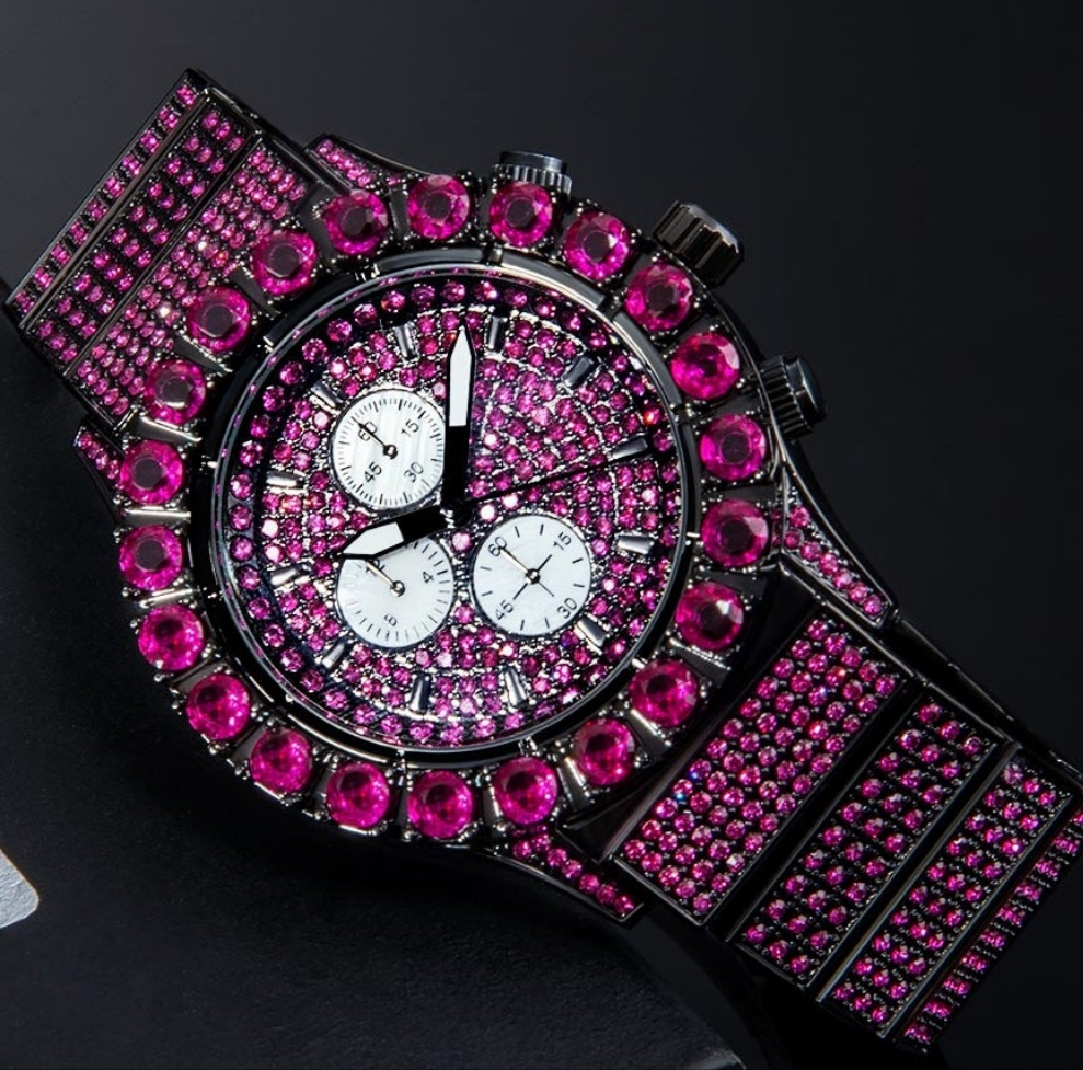Iced Ruby Round Cut Luminous Men's Watch in Black Gold