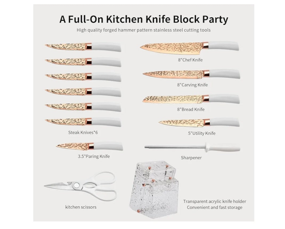 Kitchen Knife Set Non Stick Knives with Storage Serrated Steak Knife, Chef Knife, Bread Knife, Scissors, Sharpener, 14Pcs Sharp Cutlery Block Sets for Home & Pro Use Pearl White Handle Gold Blade