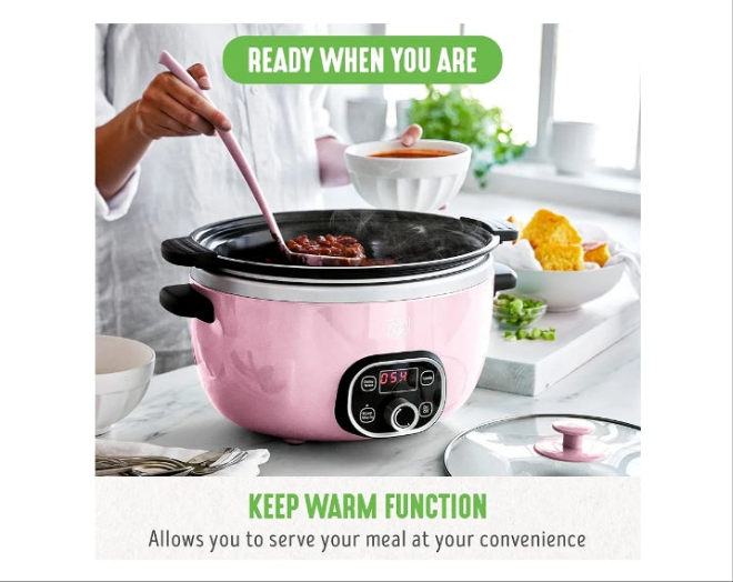 6QT Slow Cooker, Non-Toxic Ceramic Nonstick Removable Interior Bowl, Programmable, Family Friendly, Keep Warm, Stovetop & Oven Safe, Dishwasher Safe Parts, Timer, Glass Lid,