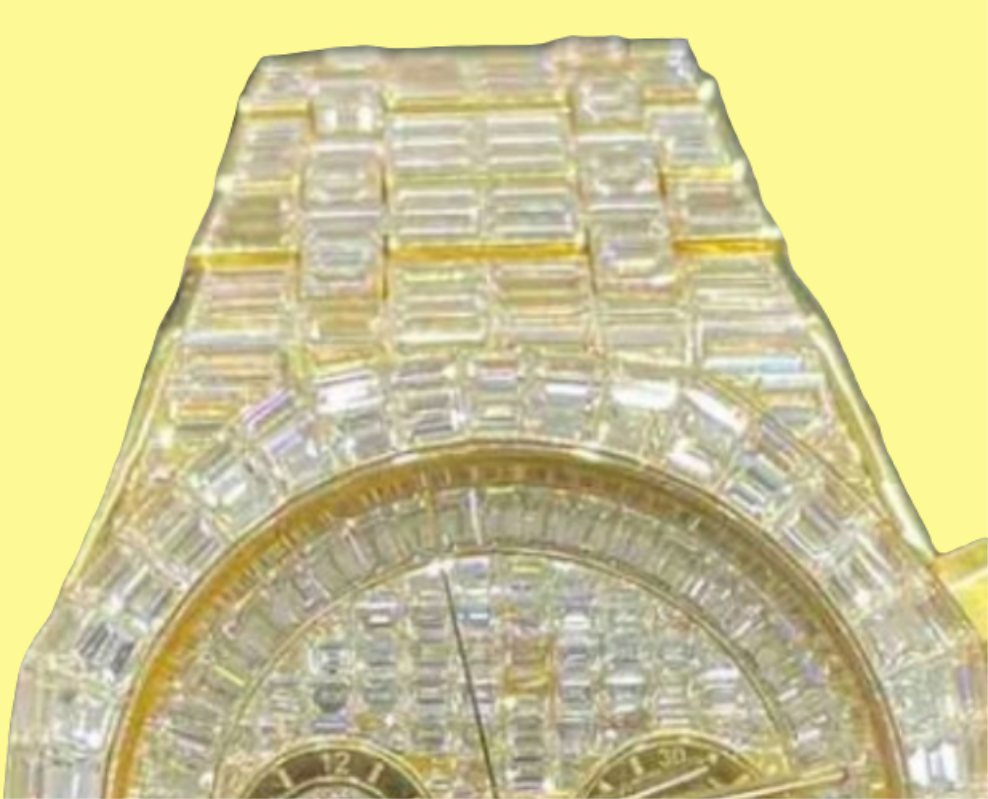 CHANDELIER ICED OUT "AP" 18K SOLID GOLD WATCH | VVS1 80 CTS T.W.