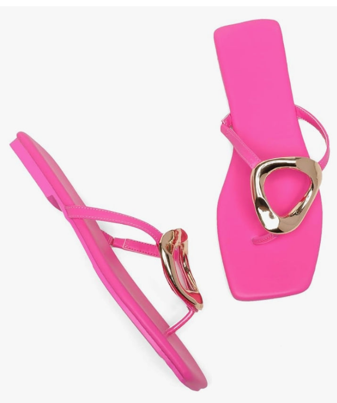 Women's Flip Flop Flat Summer Sandals,Ladies Memory Foam Square Toe Beach Strappy Bling Metal Cute Comfortable Trendy Leather Outdoor Indoor