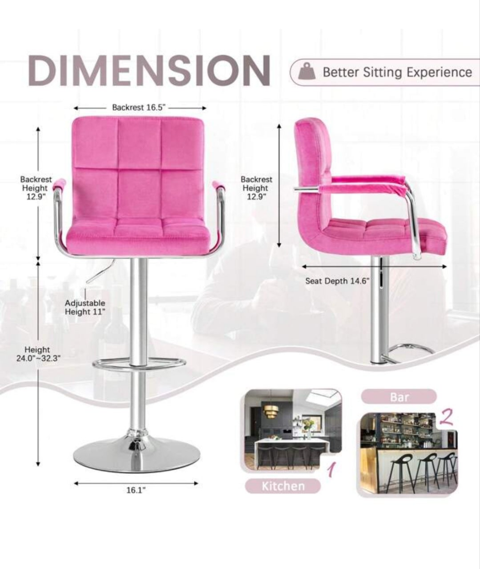 2 Velvet Modern Bar Stools Adjustable Swivel Barstools, Hydraulic Kitchen Counter Bar Stool Synthetic Leather Extra Height Square Island Barstool With Arms Set Of 2