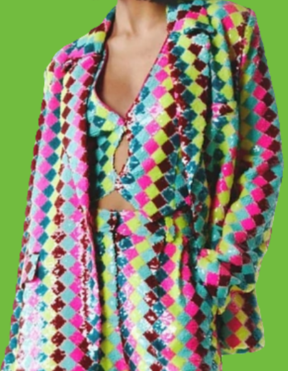 COCOMONEY Rainbow Sequin Patchwork Blazer Two Piece Pant Set-Multicolor