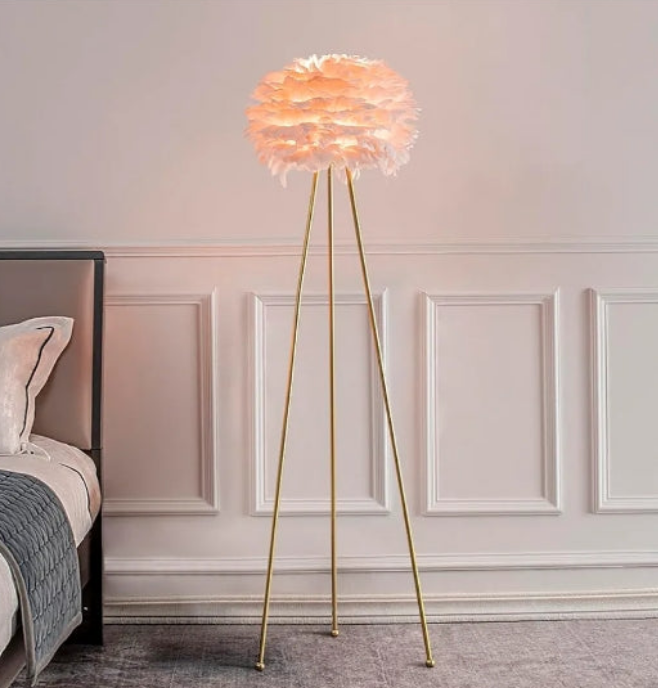 Feather Floor Lamp, Tripod Floor Lamp with Pink Feather Shade, Standing Light for Bedrooms/Dining Room/Living Room/Kitchen,Gold Classic