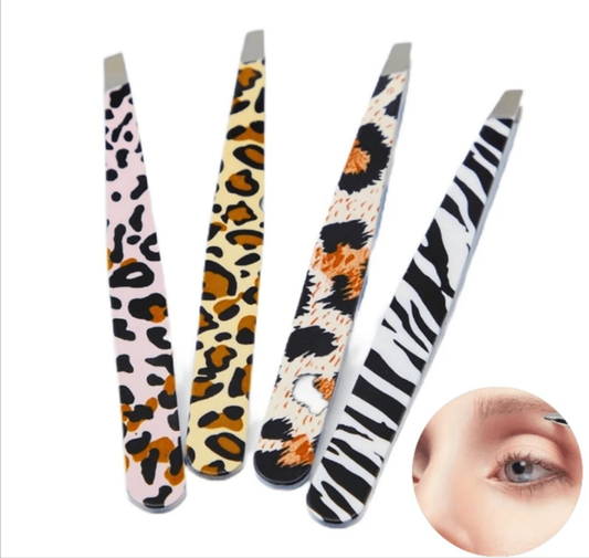 4pcs/Set 1.2m Eyebrow Clip, Oblique Mouth Leopard & Zebra Print Tweezers, Eyebrow & Facial Hair Removal Beauty Tool