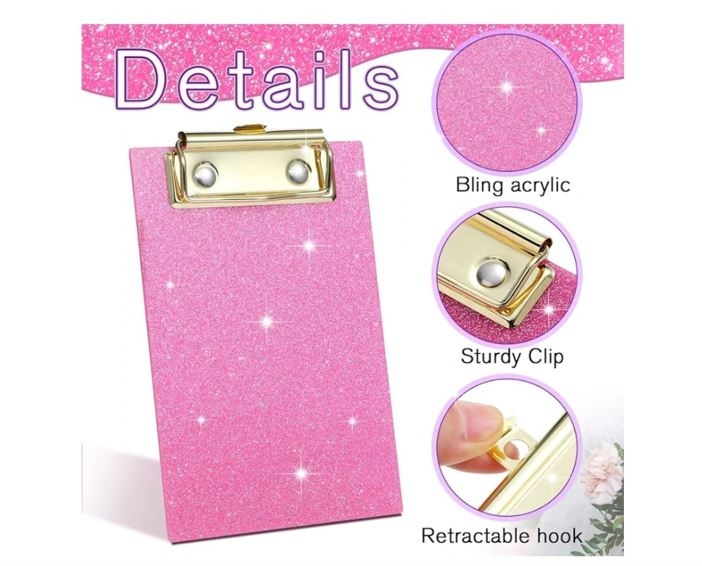 3 Pcs Mini Glitter Clipboard 4" x 6" Bling Small Acrylic Clipboards Mini Pocket Memo Size Clip Boards with Low Profile Clip for Office Classroom Back to School Supplies Pink Silver Purple