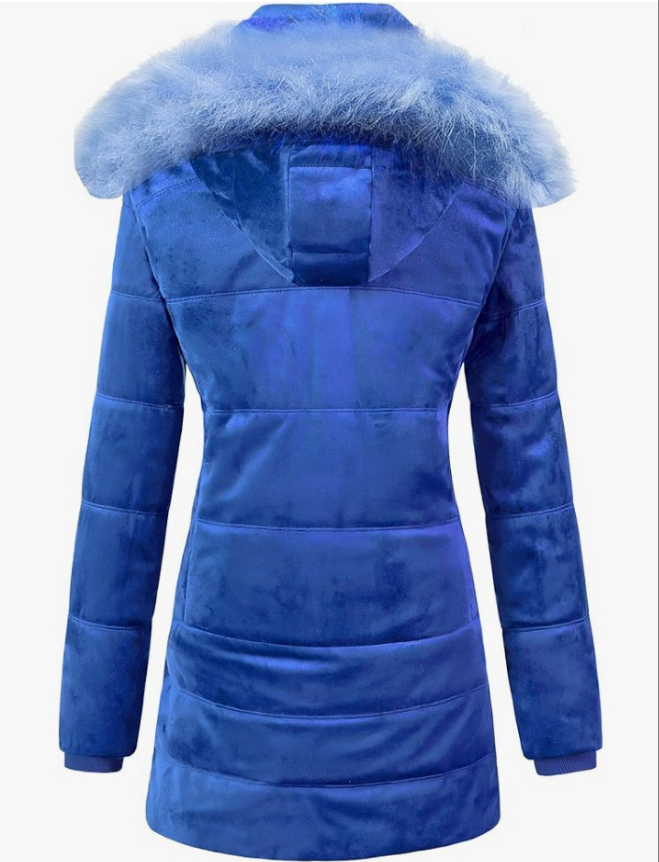 Warm Winter Coat Velvet Puffer Jacket Quilted Faux Fur Hood
