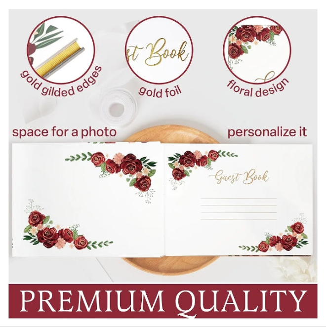 Wedding Guest Book, Guest Book Includes a Pen, Baby Shower Guest Book for Party a Thank You Card, Guest Book Wedding Reception Two Brazalet, Wedding Scrapbook Design of Red Roses