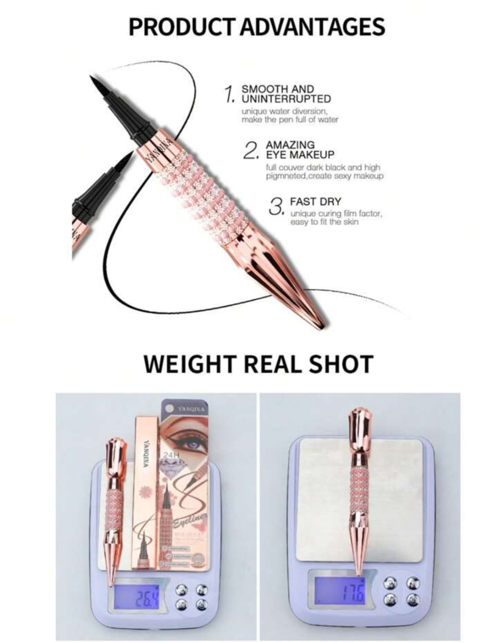 Long-Lasting Black Liquid Eyeliner Pen with Rhinestone Bronzing Effect - Waterproof and Sweat-Proof Eye Makeup Tool