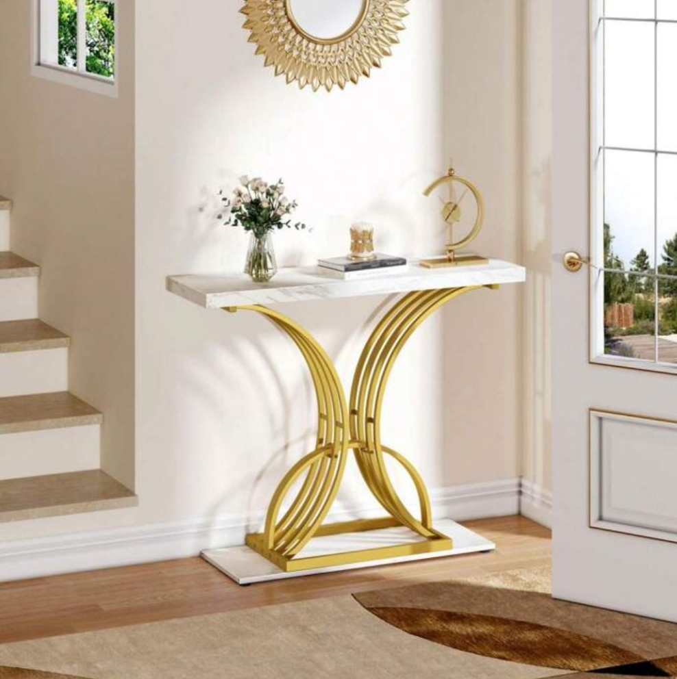 Accent Table, Versatile Console & Sofa Table With Faux Marble Top, Space-Saving Narrow Design For Entryway, Hallway, Or Living Room, White & Gold Marble stone