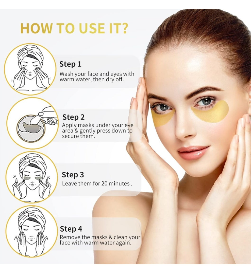 24K Gold Under Eye Patches - 60 Pack for Puffy Eyes, Dark Circles, Bags & Wrinkles with Collagen & Hyaluronic Acid