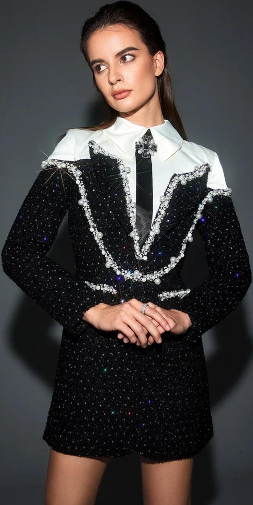 COCOMONEY Shirt Collar Sequin Pearl Decor Mini Dress-Black
