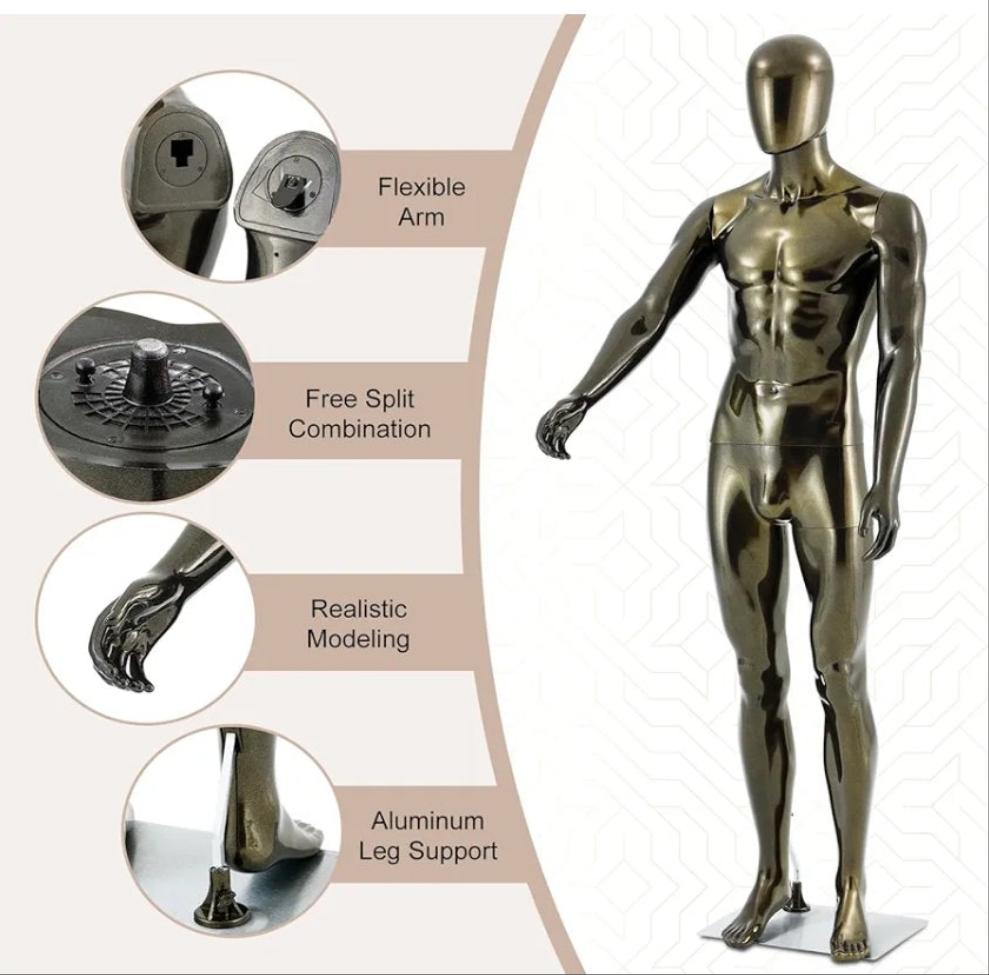Mannequin Dress Form Display - Manikin Torso Stand Realistic Full Body Mannequin for Retail Clothing Shops, Halloween Christmas Cosplay (Silvery, Female or Male