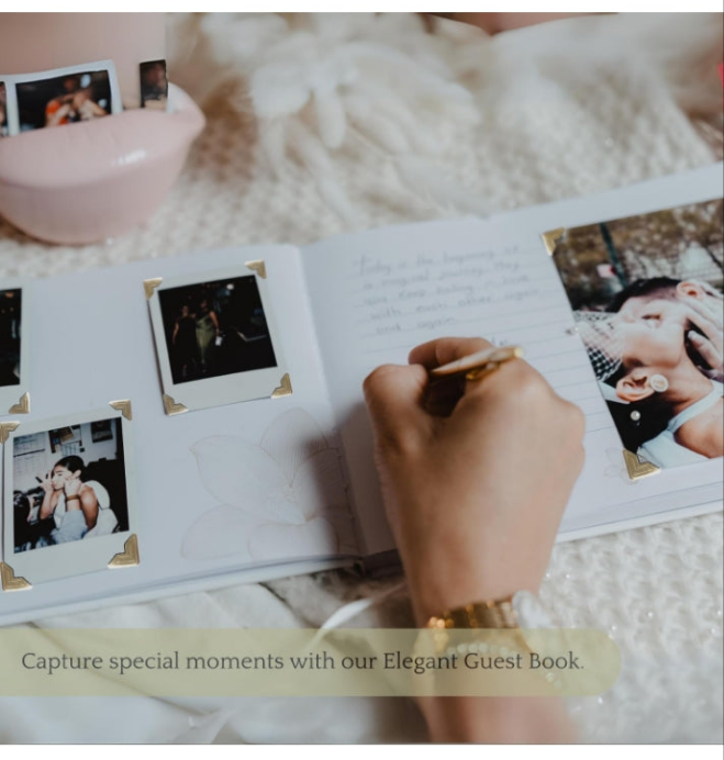 Guest Book Wedding For Reception Classic Quality Guest Book Sign, Party, Baby Shower & Funeral, Includes Attractive Gold Pen,100 Blank Pages for Guest Signatures, Polaroid Photos & Memories