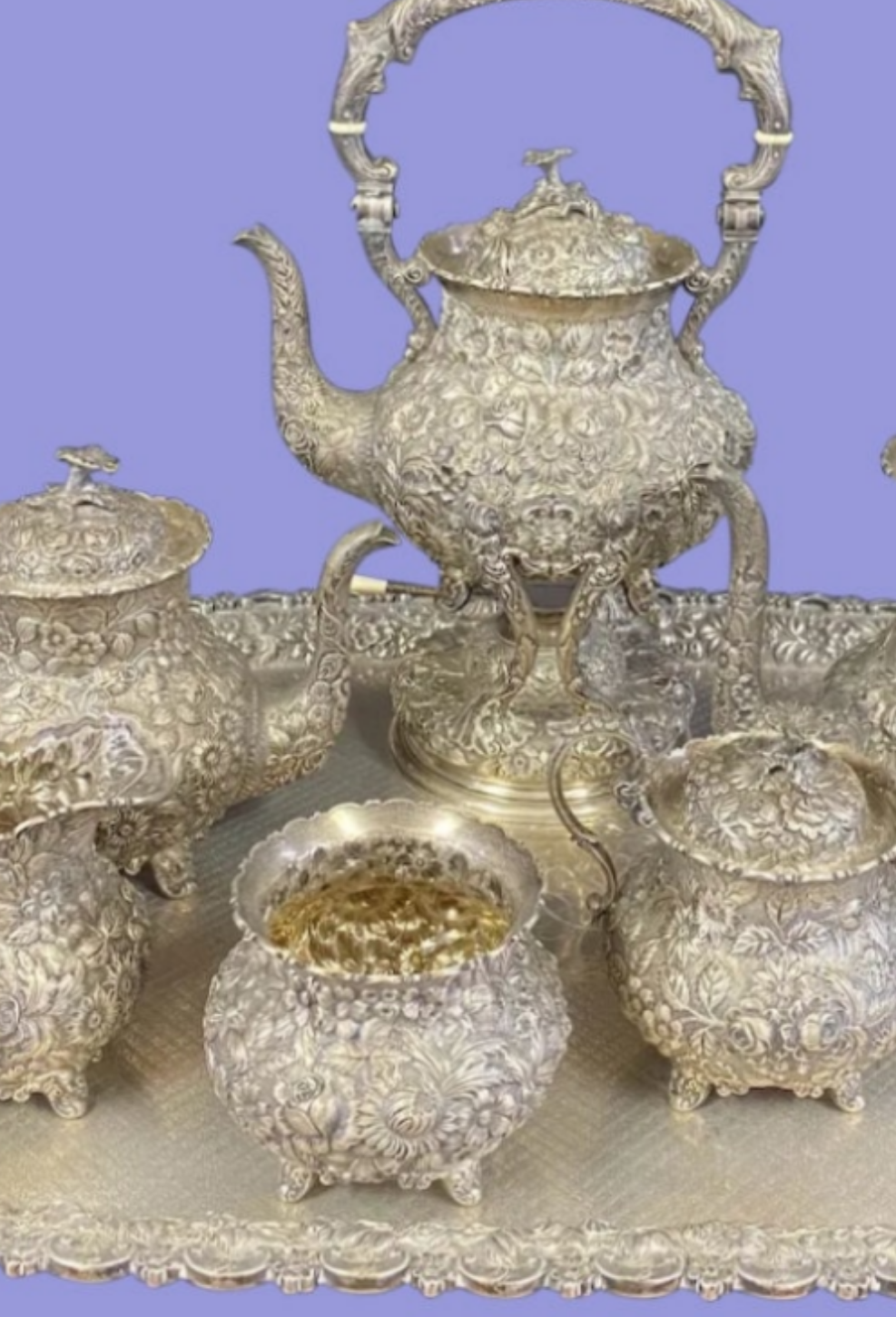 Sterling Silver Repousse Tea Service 7 Piece Set w/Tray A.G. Schultz
