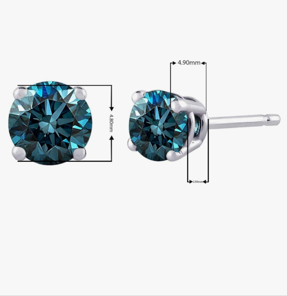 Blue - I1 Round Brilliant Cut Diamond Earring Studs in 14K Gold COCOMONEY