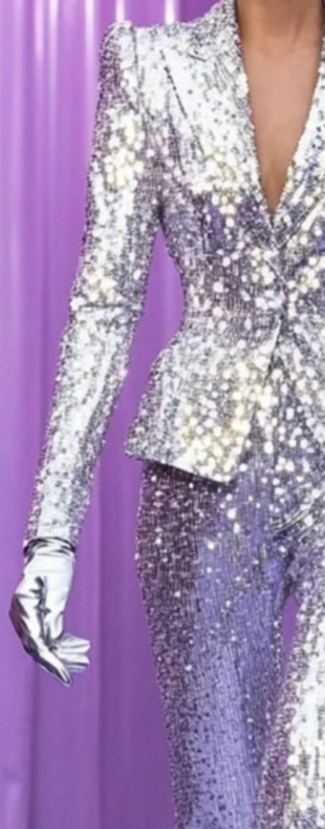 COCOMONEY Sparkly Sequin Peak Lapel Two Piece Pant Set-Silver All over design gloves not included
