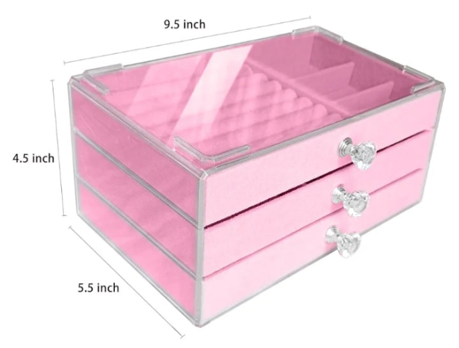 Clear Acrylic Velvet Jewelry Organizer with 3 Drawers, Stackable Display Storage Earrings Necklace Rings Bracelets Box Holder Case