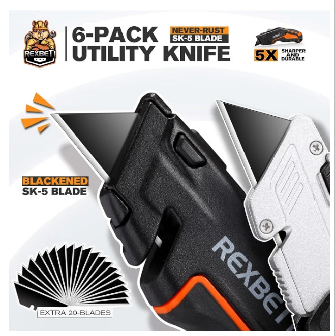 REXBETI Retractable Folding Utility Knife, 6 Pack, SK5 Heavy Duty Box Cutter for Cartons, Cardboard and Boxes, Blade Storage Design, Extra 20 Blades Included