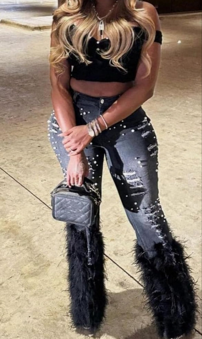 Pearl Feather Jeans Stretch Straight Leg Distressed Denim Pants