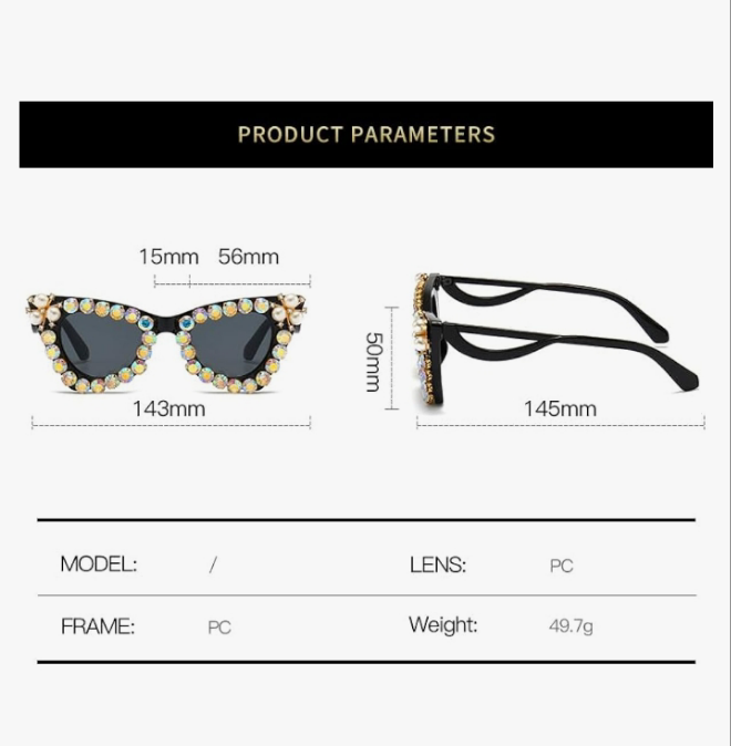 Sparkling Crystal Cat Eye Sunglasses Women Square Rhinestone Pearl Sun Glasses Party Diamond Bling Punk Eyewear