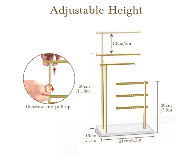 Jewelry Holder Organizer Stand - Adjustable Tall 17.5" (Max), Sturdy Jewelry Hanger for Necklaces, Earrings, Bracelets, Rings, Jewlery Display and Storage,