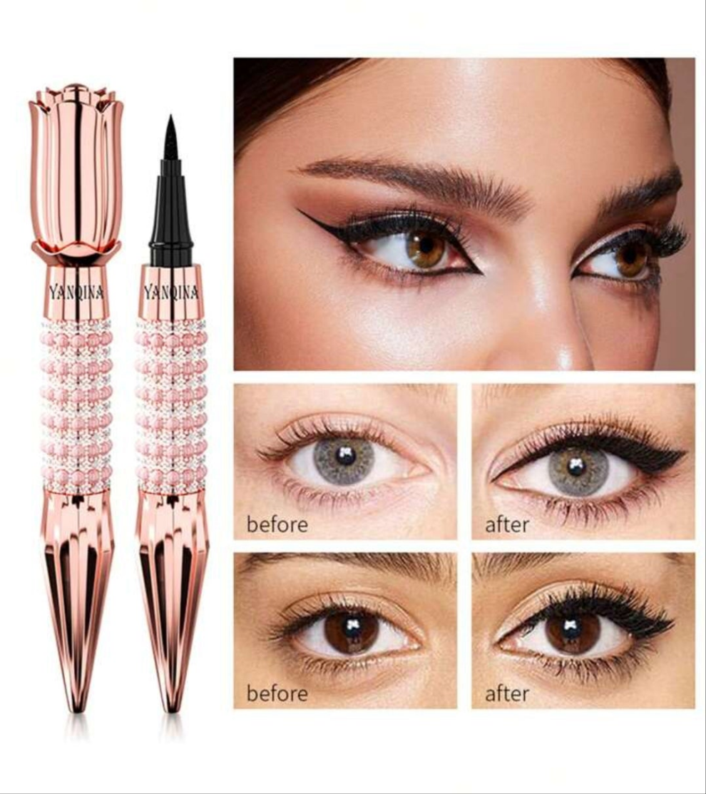 Long-Lasting Black Liquid Eyeliner Pen with Rhinestone Bronzing Effect - Waterproof and Sweat-Proof Eye Makeup Tool