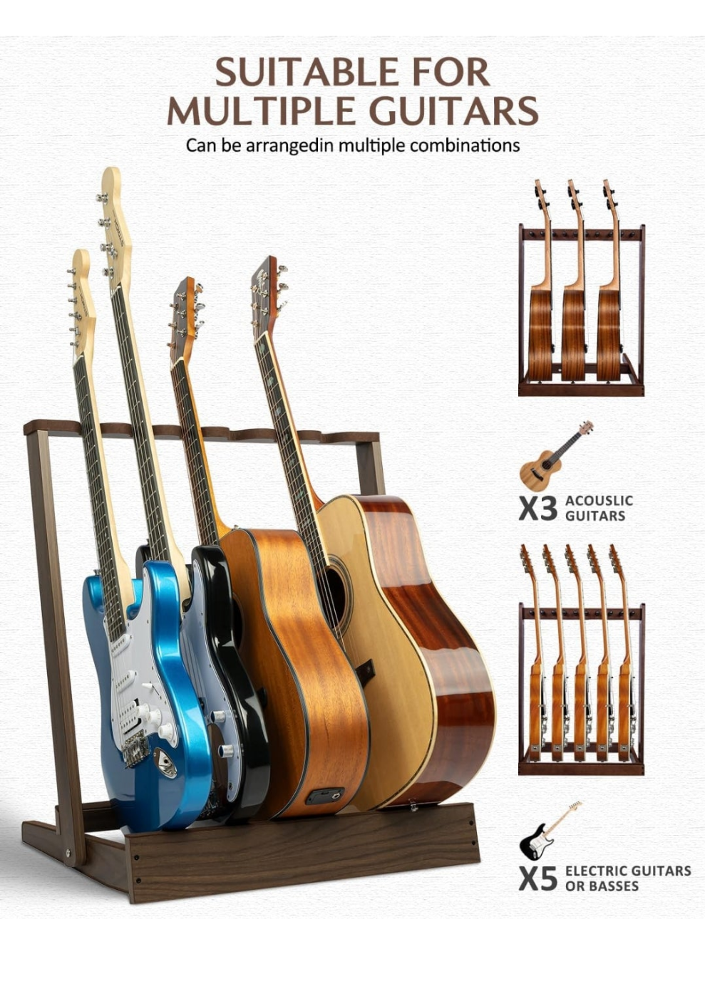 Multiple Guitar Stand, Wooden Folding Guitar Rack for Multiple 3 Acoustic Guitars or 6 Electric Guitar Bass, Padded Floor Guitar Stand for Outing Gigs, Home, Studio, SMT-20-5G
